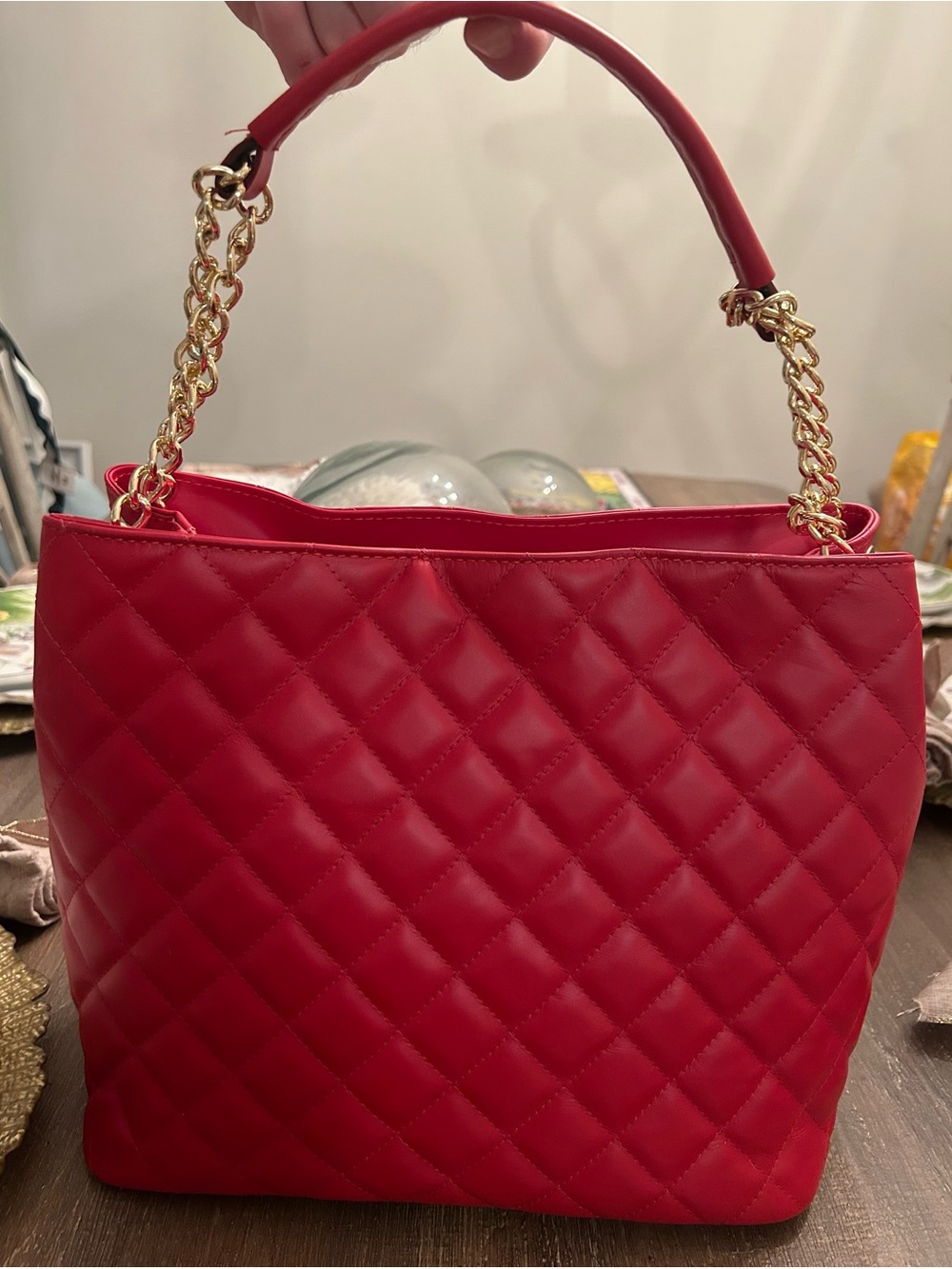 Persaman New York Quilted Red Shoulder Bag with Gold Chain Handle - never used